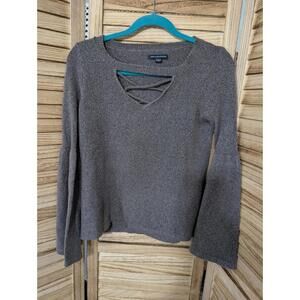 American Eagle Sweater Womens XS Gray Bell Sleeve Keyhole Pullover Sweatshirt